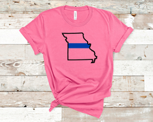 Load image into Gallery viewer, Missouri state with blue line Adult and youth short sleeve tee
