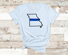Load image into Gallery viewer, Missouri state with blue line Adult and youth short sleeve tee
