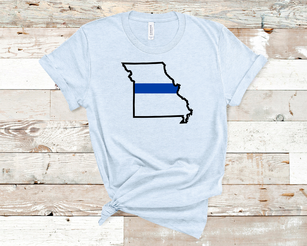 Missouri state with blue line Adult and youth short sleeve tee