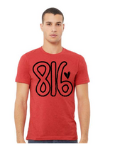 Load image into Gallery viewer, 816 small heart  tee or crewneck (red, black, columbia blue, royal, dark heather grey)
