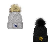 Load image into Gallery viewer, Embroidered local schools New Era Faux Fur Pom Beanie
