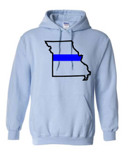 Load image into Gallery viewer, Missouri state with blue line Gildan hooded sweatshirt
