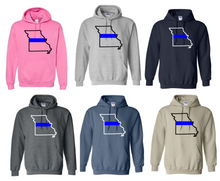 Load image into Gallery viewer, Missouri state with blue line Gildan hooded sweatshirt
