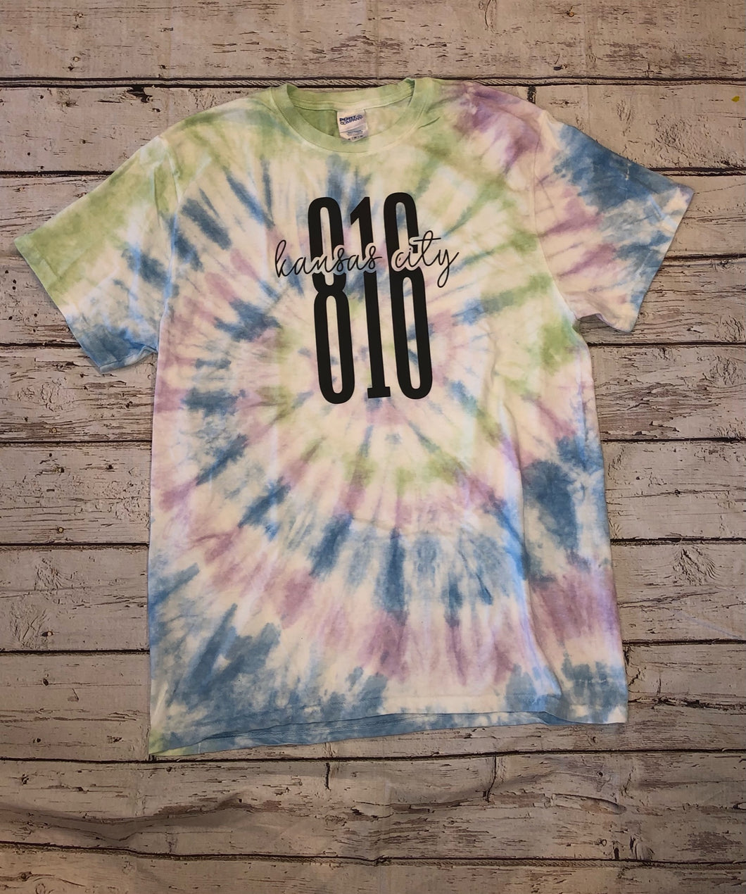 Watercolor spiral Tie Dye tee with 816 Kansas City